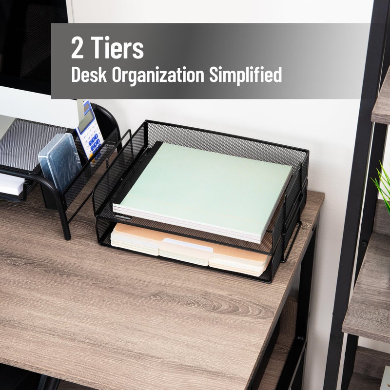Mind Reader Stackable Paper Tray, Desktop Organizer, File Storage, Office, Metal Mesh, 13.25" L x 9.75" W x 6.25" H, 2 Pcs., Black - Image 2
